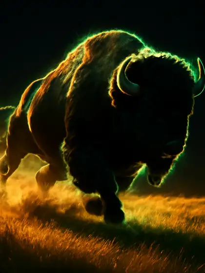Bizon stormt door de prairie bij zonsondergang in Buffalo King bij Bet Ninja