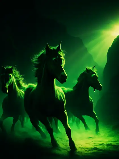Gouden mustangs galopperen bij dageraad door de canyon in Mustang Gold bij Bet Ninja