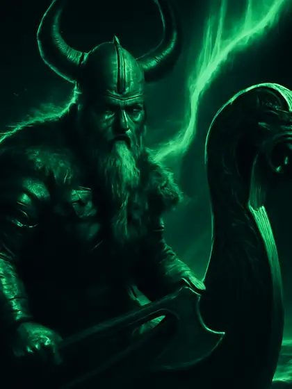 Noorse viking op de boeg van een langschip onder het noorderlicht, Le Viking bij Bet Ninja